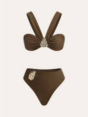 Commense Brown Two-Piece Bikini with Decorative Crystal Accents